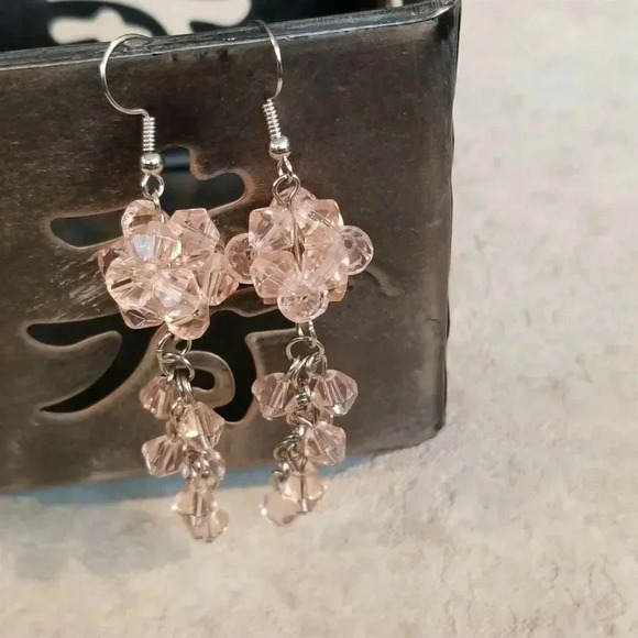 Handcrafted Swingy Diva Pink Glass Bicone Beads Baroque Dangle Earrings - Picture 3 of 4